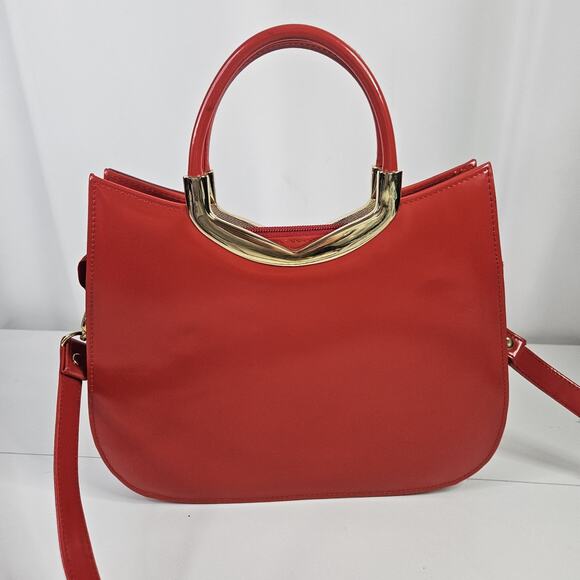 Retro Inspired Glossy Statement Handbag Red Gold Accents Acrylic Shoulder Purse - Picture 5 of 14